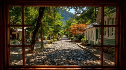 Wooden framed window view of a quaint cobblestone street, flanked by trees and pastel-colored buildings, leading into a verdant valley