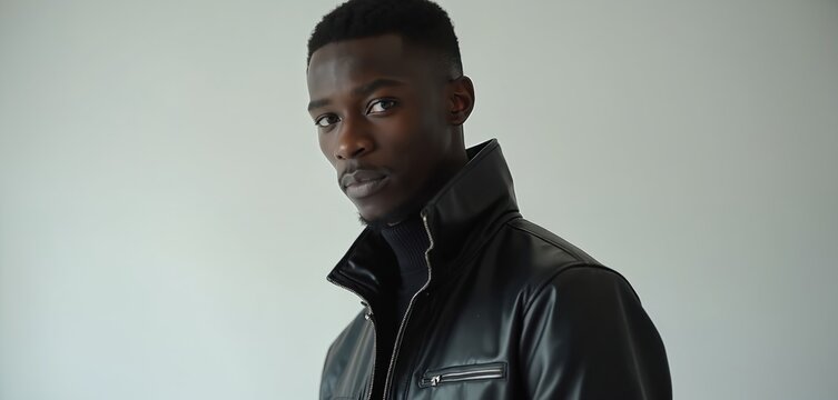 Man in black leather jacket on light gray background. Zipper on jacket adds detail to attire. Introspective demeanor, thoughtful expression, quiet contemplation. Minimalist scene, focus on man, no