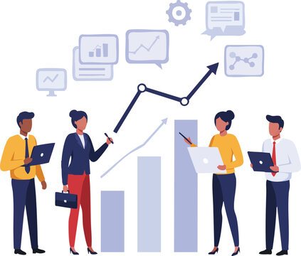 Diverse professionals analyze financial data and market trends, collaborating to achieve strategic growth and success in a dynamic business setting.