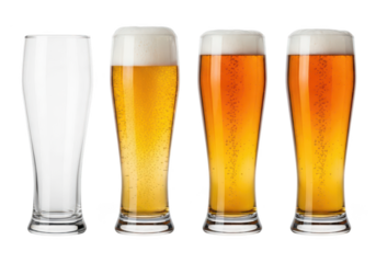 Four tall pilsner glasses one empty three filled with golden beer drink