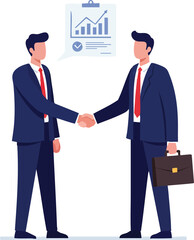 Two professional businessmen in suits shake hands, symbolizing a successful partnership, agreement, or a new corporate deal with positive financial growth.