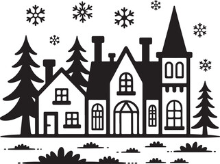 Fototapeta premium A Black-and-White Silhouette of a Grand Victorian House and Pine Trees in a Falling Winter Snowscape