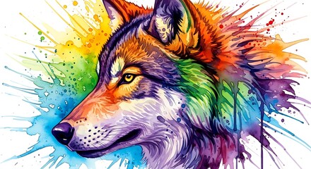 Naklejka premium Vibrant Watercolor Wolf Head with Splatters.