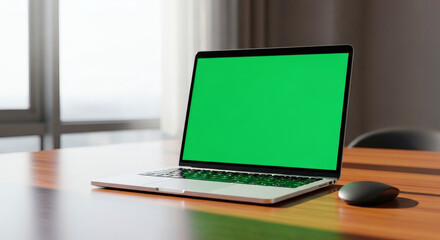Modern laptop with green screen and wireless mouse on wooden desk for product placement and video editing