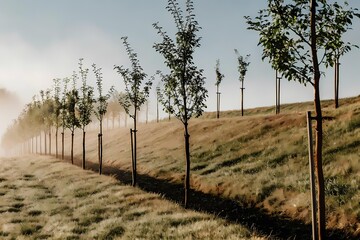Obraz premium AI generated morning light shining on freshly planted sapling row