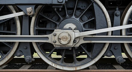 Fototapeta premium Steam Train Wheels and Connecting Rods on Tracks.