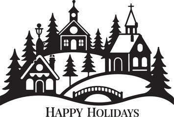 Fototapeta premium A Charming Black-and-White Silhouette of a Festive Winter Village with Pine Trees and a 