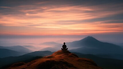 Silhouette of person contemplating sunrise over misty mountains, meditation retreat concept