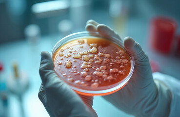 Scientist in sterile gloves holds petri dish with bacterial cultures. Gonorrhea cultures essential for antimicrobial susceptibility testing, guiding treatment. Lab research, medical experiment.