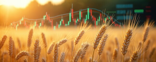 Golden wheat field under warm sunlight overlaid with financial market analysis chart. Growing agriculture sector, commodity trading, economic growth, investment potential. Shows grain prices, stock