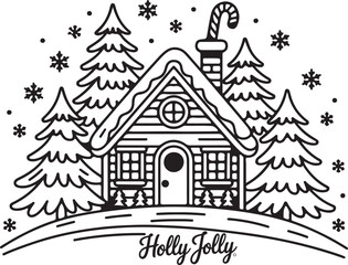 Fototapeta premium A Cozy and Festive Black-and-White Winter Scene of a Cabin with Pine Trees and 