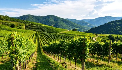 Fototapeta premium Lush vineyard landscape under a partly cloudy sky