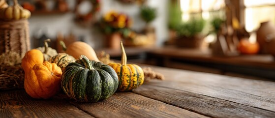 Rustic Autumn Still Life with Colorful Pumpkins on Weathered Wooden Table for Thanksgiving and Harvest Season