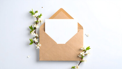 Brown Kraft Envelope with a Blank White Invitation Card and Spring Blossom Branches on a White Background