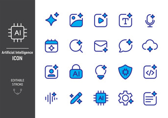 Set of artificial intelligence line icon set vector collection. Generative AI symbol. AI logo and star. Machine learning, smart robotic.  Web user interface element for ui ux design. Editable stroke.