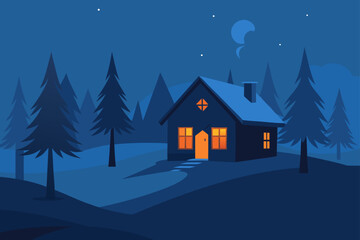 Lonely Cabin Glowing in Snowy Forest Twilight