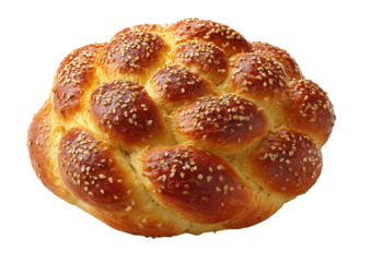 Round braided bread, golden brown, sesame seeds