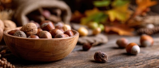 Rustic wooden bowl filled with assorted nuts and autumn leaves on a wooden table Concept of fall harvest, healthy eating, and seasonal food