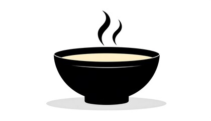 Black bowl of steaming, light-colored soup