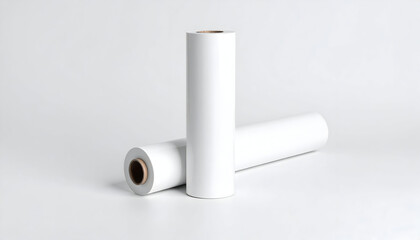 Minimalist studio shot of two large white rolls of glossy paper or adhesive vinyl on a clean white background.