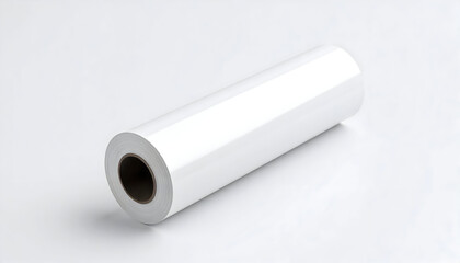 A large roll of glossy white self-adhesive vinyl film lying on a clean, seamless white background in a studio setting.