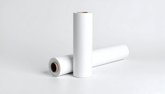 Minimalist studio shot of two large white rolls of glossy paper or adhesive vinyl on a clean white background.