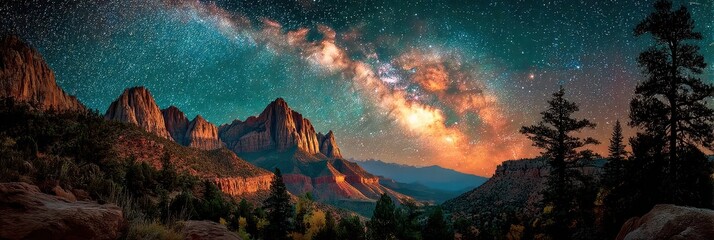 Stunning night sky over Zion National Park with vibrant Milky Way and majestic mountain landscape