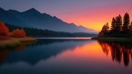 Naklejka premium A beautiful mountain lake with a sunset in the background