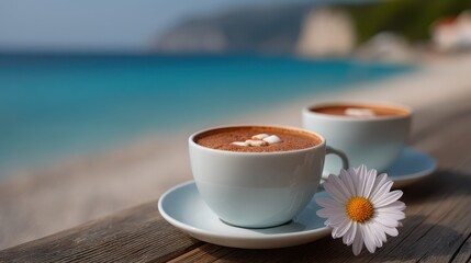 Two cups of coffee on a wooden table with a daisy next to them
