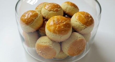 Kue Nastar, the classic Indonesian pineapple tart cookies, a must-have during Lebaran celebrations, styled in a jar on a white background.
