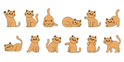 Flat Cat Poses Set – Cartoon Kitten Vector Collection Featuring Different Cat Positions and Expressions Bundle for Pet, Kids, Illustration, Design, and Digital Use