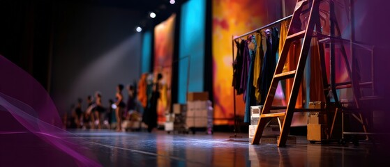 Backstage scene with dancers preparing for performance on stage with colorful costumes and ladder Concept of theater, dance, and performance