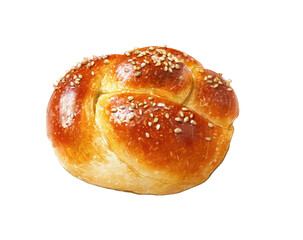 Round, knot-shaped bread, golden-brown crust, sesame seeds
