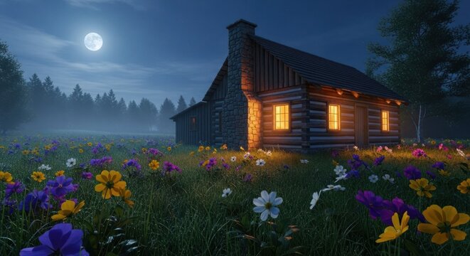 Secluded log cabin with glowing windows in a misty wildflower meadow under a full moon.