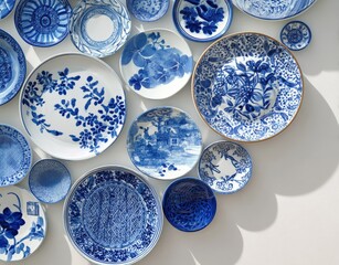 A beautiful display of blue and white porcelain plates with intricate Chinese-inspired patterns arranged artistically on a white wall, creating an elegant and cultural decor vibe.