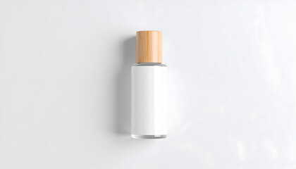 Minimalist cosmetic bottle with a wooden cap and a blank white label, presented in a top-down view on a clean white background