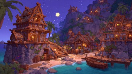 Wooden seaside village at night