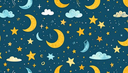 A delightful repeating pattern of whimsical moons, stars, and clouds, rendered in soft yellow, light teal, and beige hues against a deep navy backdrop.