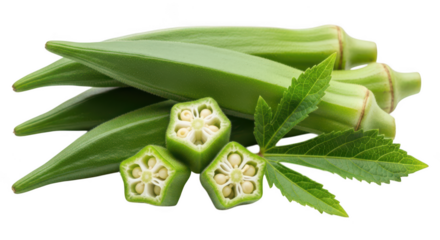 Fresh Green Okra Pods and Sliced Cross Sections with Leaves vegetable food