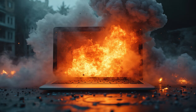 Laptop explodes in flames, smoke, cybersecurity breach, business crisis, stock market crash. Represents online warfare, startup failure, corporate disaster, financial ruin in digital age.