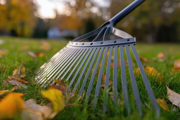 A close-up of a metal-tine leaf rake resting on a lawn scattered with fallen autumn leaves, bathed in warm, late afternoon sunlight