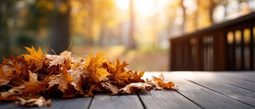 Pile of golden maple leaves on a wooden deck in warm autumn sunlight, showcasing the beauty of fall season - Powered by Adobe