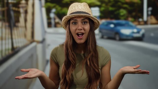 Young hispanic woman in a hat stands on a street with hands on face displaying surprise outdoors in a vibrant urban setting.