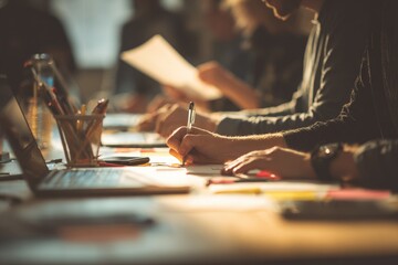 A close-up of hands diligently writing on papers at a long table, surrounded by laptops, stationery, and blurred colleagues in a collaborative workspace, illuminated by warm light
