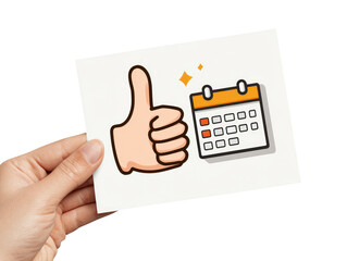 A hand holds a card with a thumbs-up and a calendar icon