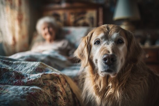 A golden retriever sitting beside an elderly woman in bed on a sunny day, capturing a warm, loving moment filled with comfort, companionship, and gentle affection.