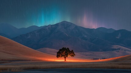 Lonely tree lights up, mountain range at night