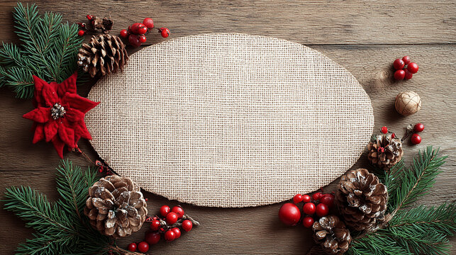 Festive Christmas Decoration with Berries Pine Cones and a Blank Oval