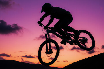 Obraz premium Silhouette of a mountain biker mid-jump against a vibrant sunset. Low-angle worm's-eye view. Perfect sunset ride
