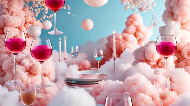 Dreamy cloudscape dining: pink cotton candy clouds surrounding elegant table setting